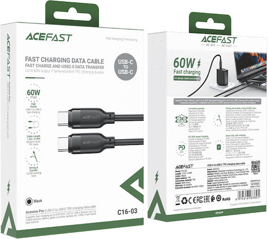 Acefast Редовна USB 2.0 Кабел USB-C мъжки - USB-C мъжки 60W Черен 1.2м