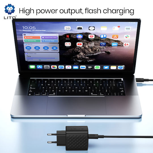 Lito GaN Charger with USB-C Port and USB-C Cable 45W Power Delivery Black (LC20T)