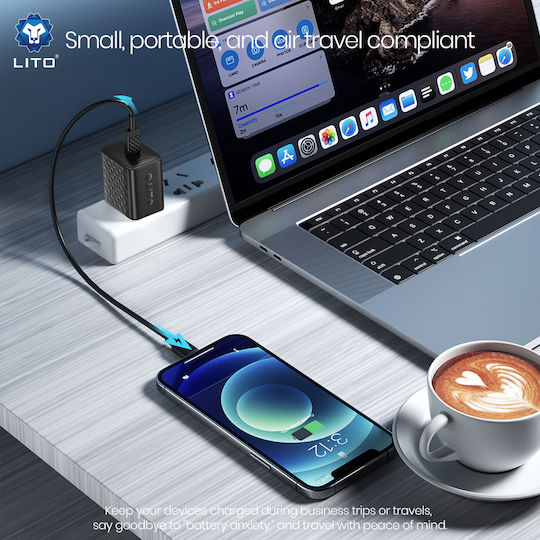 Lito GaN Charger with USB-C Port and USB-C Cable 45W Power Delivery Black (LC20T)