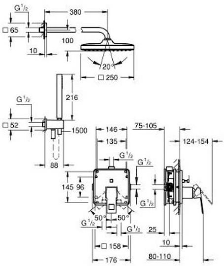 Grohe Σετ Μίκτης, Τηλέφωνο & Κεφαλή Ντουζ Εντοιχισμού για Ντουζιέρα Ασημί