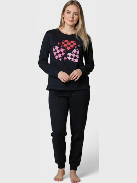 Cherry Underwear Χειμερινό Γυναικείο Σετ Πιτζάμας Μαύρο Hearts Cherry Underwear Χειμερινό Γυναικείο Σετ Πιτζάμας Μαύρο Hearts