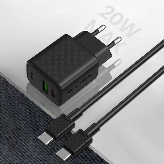 Lito Charger GaN with USB-A Port and USB-C Port and Cable USB-C - USB-C 20W Power Delivery Blacks (LC15)