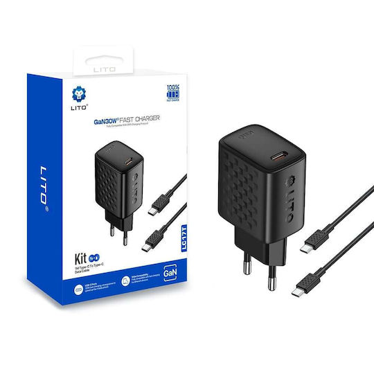 Lito Ladegerät GaN mit USB-C Anschluss und Kabel USB-C - USB-C 30W Stromlieferung Schwarzs (LC17)