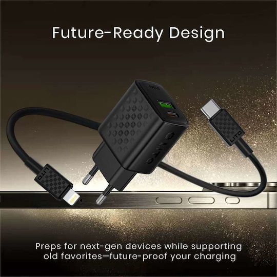 Lito Charger GaN with USB-A Port and USB-C Port and Cable USB-C - Lightning 20W Power Delivery Blacks (LC15)