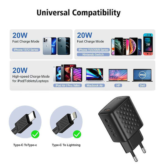 Lito Ladegerät GaN mit USB-C Anschluss und Kabel USB-C - Lightning 20W Stromlieferung Schwarzs (LC13)