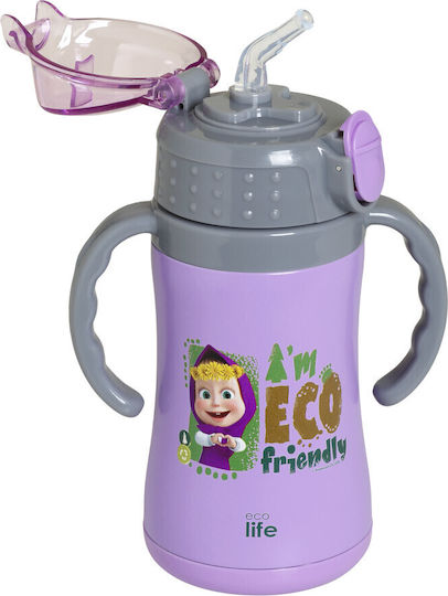 Ecolife Kids Water Bottle Thermos Stainless Steel with Straw Purple 300ml