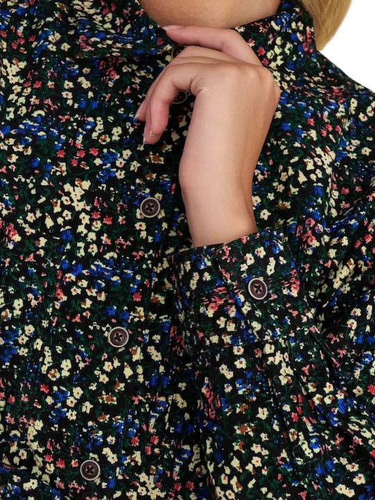 Langärmeliges Damen Baumwoll-Halbknopfhemd Mehrfarbig Blumen