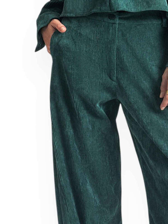Women's Fabric Trousers with Elastic Loose Fit Green