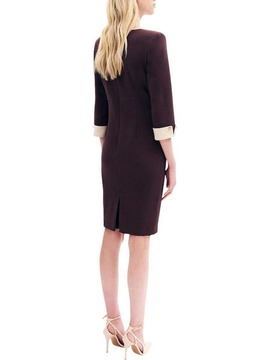 Midi Shirt Dress with 3/4 Sleeve Brown