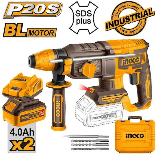 Ingco Κρουστικό Σκαπτικό Πιστολέτο Μπαταρίας Brushless 20V 2x4Ah με Υποδοχή SDS Plus CRHLI202682E