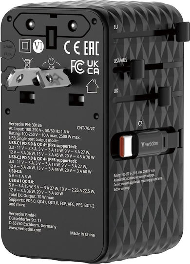 Verbatim Ladegerät GaN mit USB-A Anschluss und USB-C Anschluss und Kabel USB-C 70W Stromlieferung / Schnell-Ladung 4+ Lila (Charge 'n' Travel)