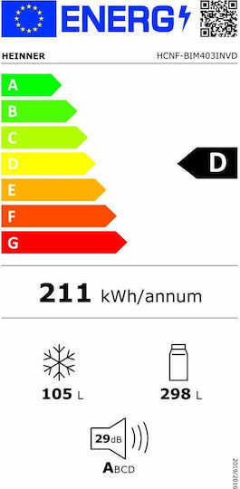Heinner Eingebauter Kühl-Gefrierkombination 403Es NoFrost H195.3xB69xT55cm. Weiß HCNF-BIM403INVD