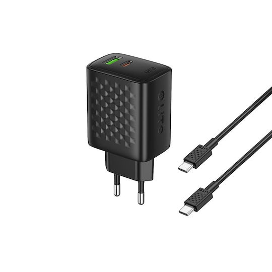 Lito Charger GaN with USB-A Port and USB-C Port and Cable USB-C - USB-C 65W Power Delivery Blacks (LC24T)