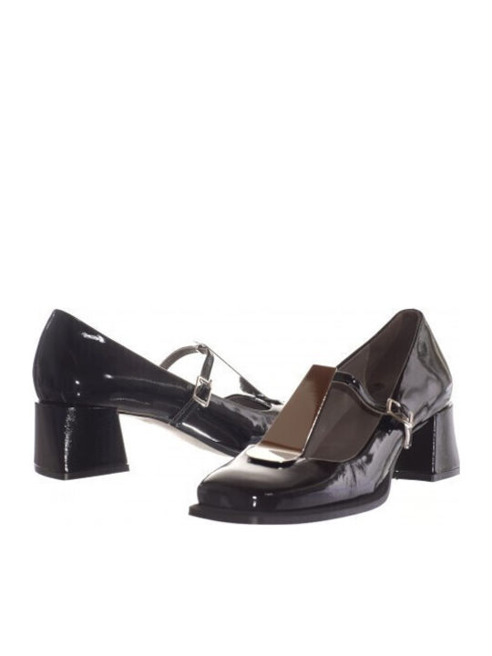 Patent Leather Black Medium Heels with Strap