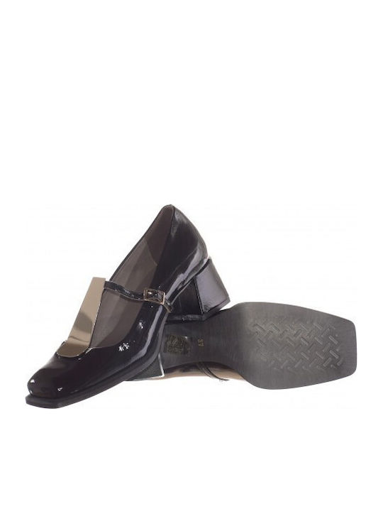 Patent Leather Black Medium Heels with Strap