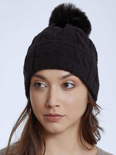 Pom Pom Beanie Unisex Σκούφος με Πλεξούδες σε Μαύρο χρώμα