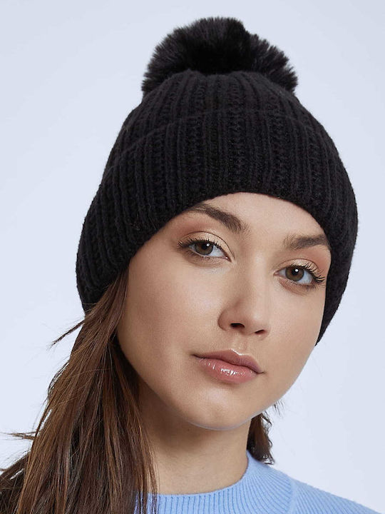 Pom Pom Beanie Unisex Σκούφος Πλεκτός σε Μαύρο χρώμα