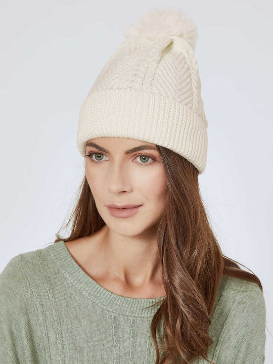 Beanie Γυναικείος Σκούφος Πλεκτός σε Εκρού χρώμα