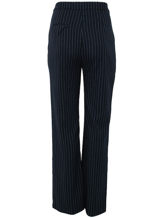 Women's High-waisted Fabric Trousers Straight Line Striped Blue