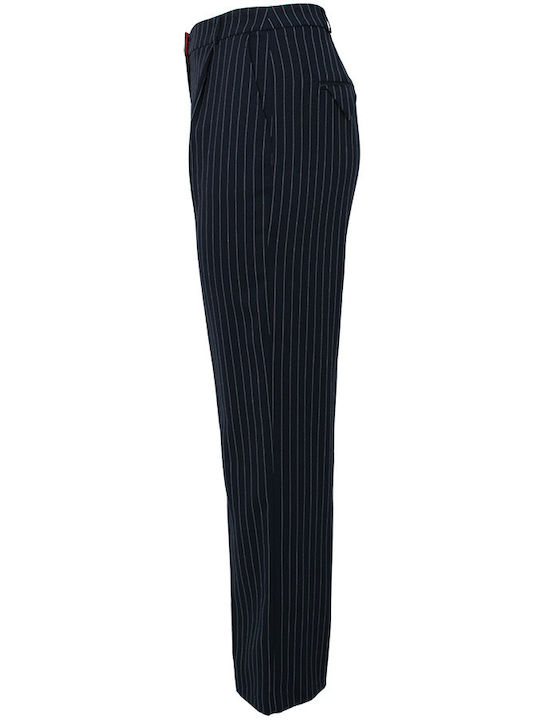 Women's High-waisted Fabric Trousers Straight Line Striped Blue