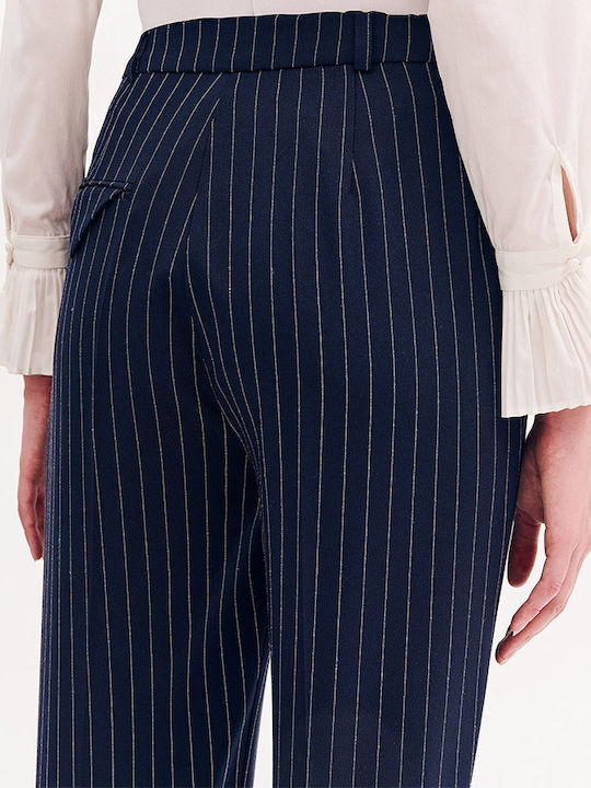 Women's High-waisted Fabric Trousers Straight Line Striped Blue