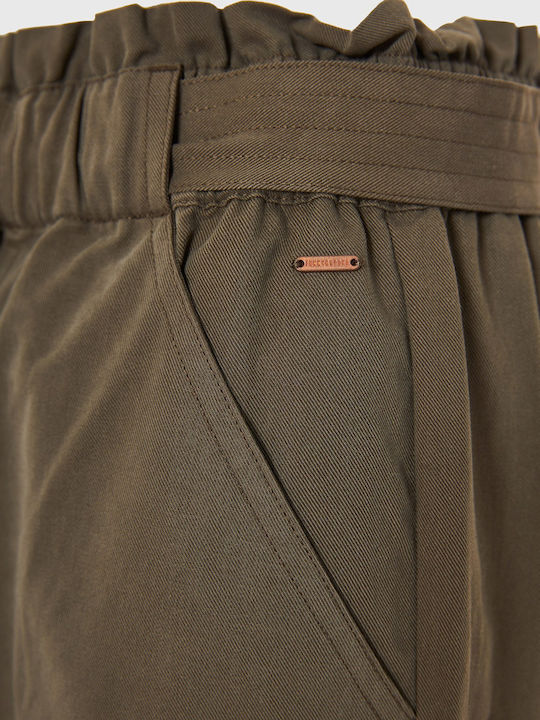 Women's High-waisted Fabric Trousers with Elastic Loose Fit Dusty Olive Green