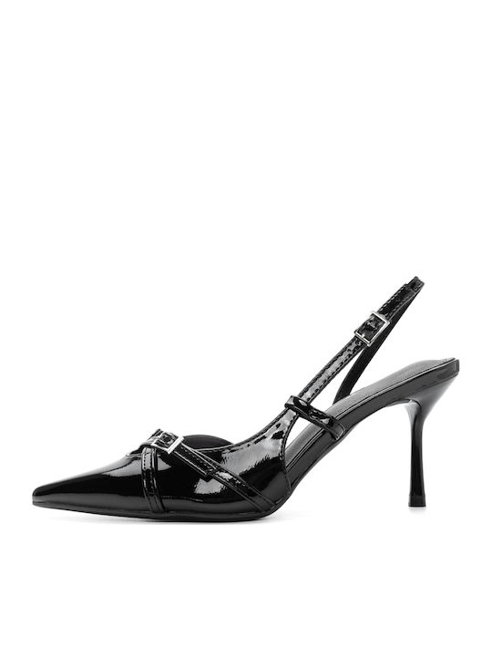 Synthetic Leather Pointed Toe Black High Heels with Strap