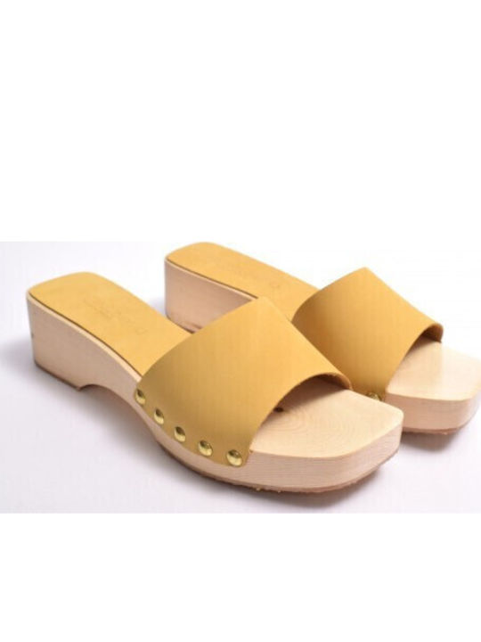 Leder Damen Pantoletten mit Absatz in Gelber Farbe Clog12