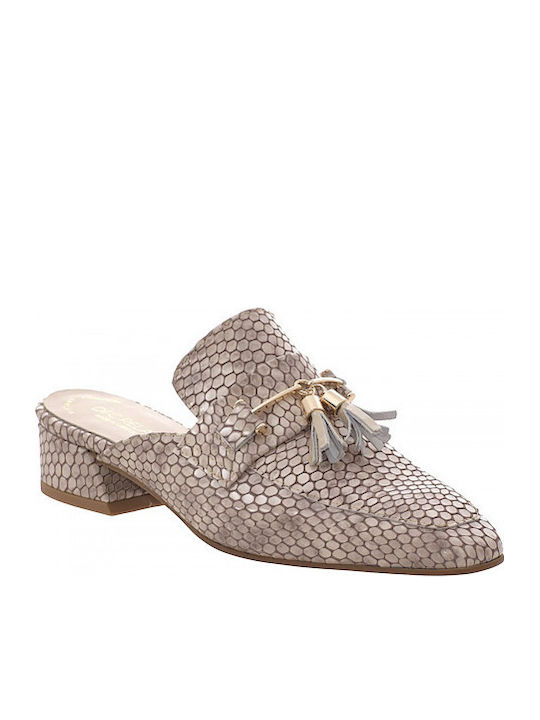 Leather Mules with Heel in Beige Color