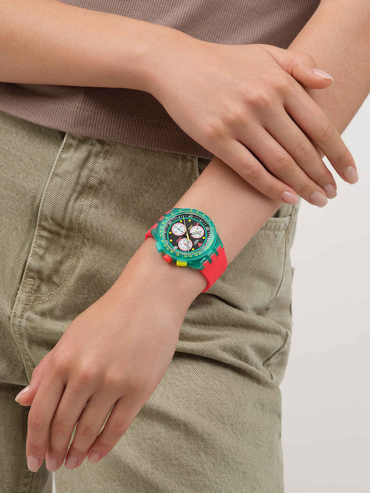 Swatch Unisex Ανδρικό Ρολόι Χρονογράφος Μπαταρίας με Κόκκινο Καουτσούκ Λουράκι