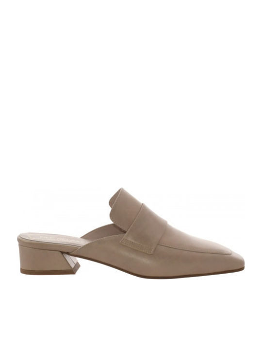 Leather Mules with Heel in Beige Color