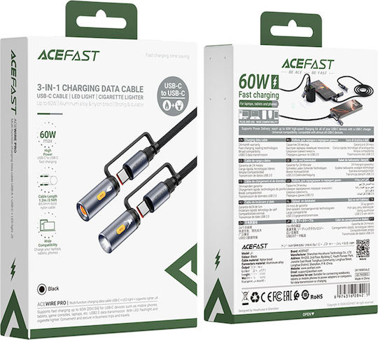 Acefast LED USB to Type-C Cable 3A Μαύρο 1.2m