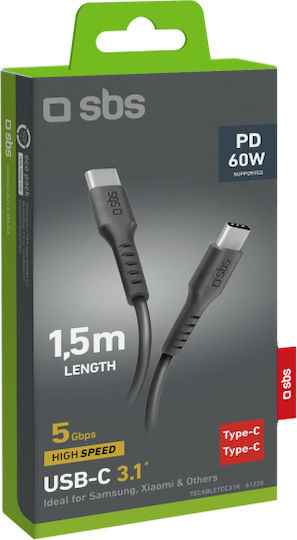 SBS USB 2.0 Cable USB-C male - USB-C 60W PD Μαύρο 1.5m TECABLETCC31K