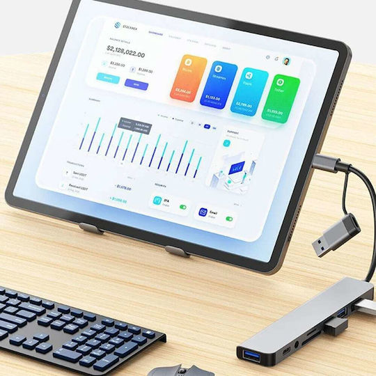 Techsuit Databridge 8-in-1 (H9) USB-Hub 5 Schnittstellen USB 3.2 mit Anschluss an einen Computer USB-A / USB-C Graues