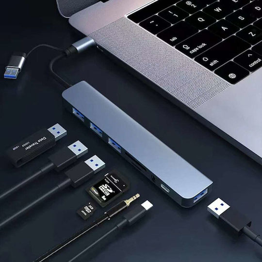 Techsuit Databridge 8-in-1 (H9) USB-Hub 5 Schnittstellen USB 3.2 mit Anschluss an einen Computer USB-A / USB-C Graues