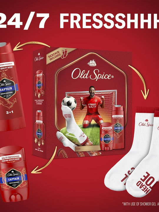 Old Spice Footballer Комплект Подарък За Мъже С Captain Дезодорант Стик Душ Гел И Чорапи 24-часова Свежест За Ежедневна Употреба Аромат С Качествен Мирис Който Трайе