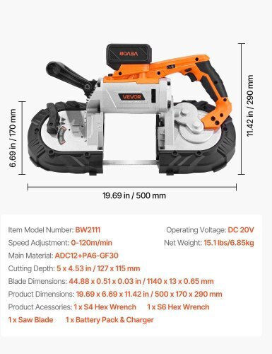 Portable Cordless Band Saw Kit Vevor 20v Battery Charger Cutting Depth 127 mm x 115 mm Metal Band Saw Brushless Motor Variable Speed 0-192 m min Metal Wood Cutting