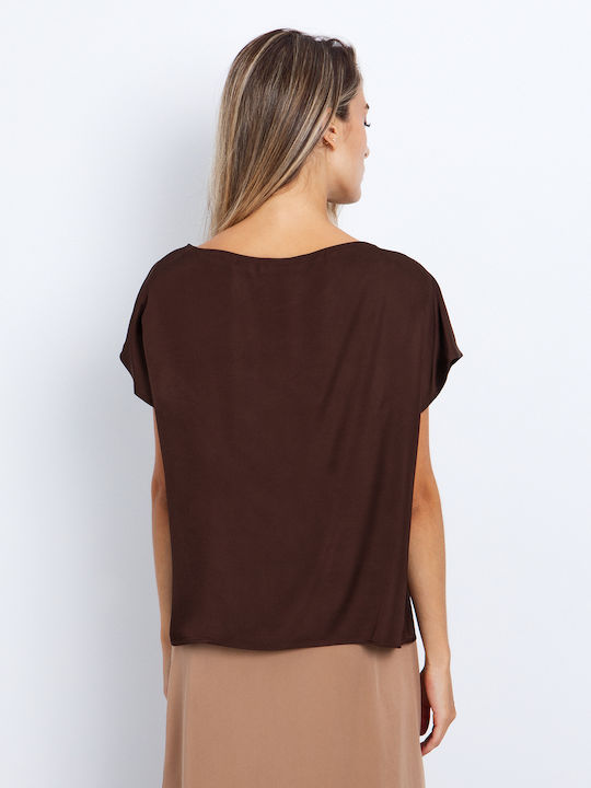 Women's Satin Short Sleeve Top Brown