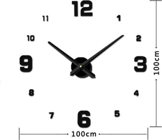 Mirror Numbers Do It Yourself Black 3D Wanduhr Aufkleber Kunststoff Schwarz Ø100cm