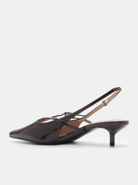 Synthetic Leather Pointed Toe Brown Low Heels with Strap