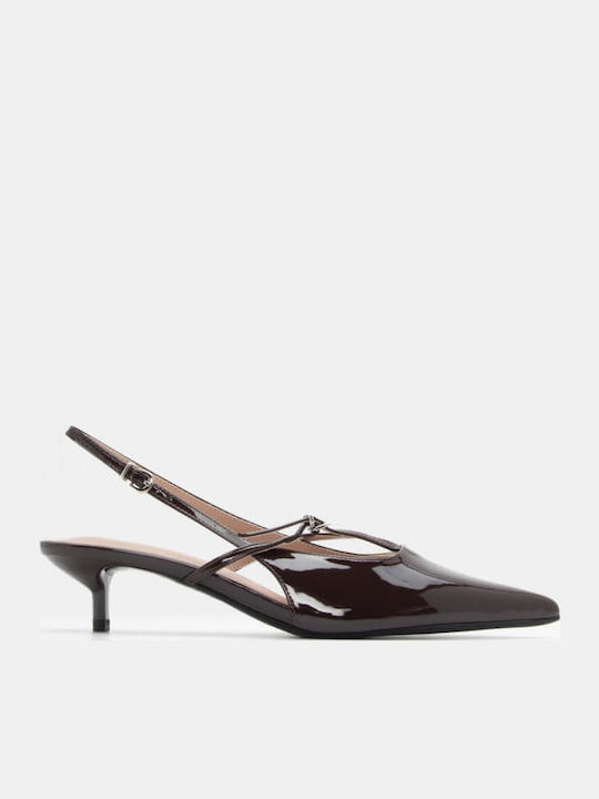 Synthetic Leather Pointed Toe Brown Low Heels with Strap