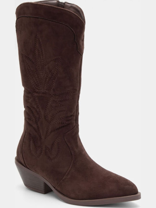 Suede Medium Heel Cowboy Boots with Zipper Brown