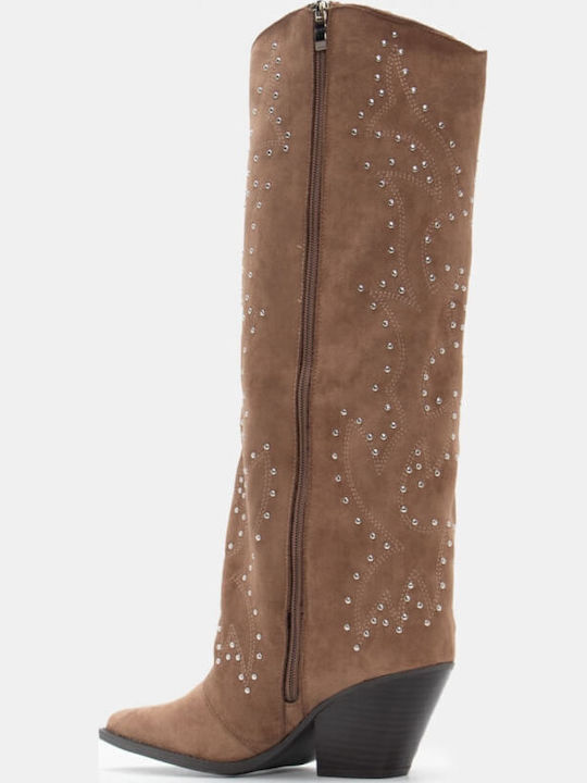 Synthetic Leather Medium Heel Cowboy Boots with Zipper Beige