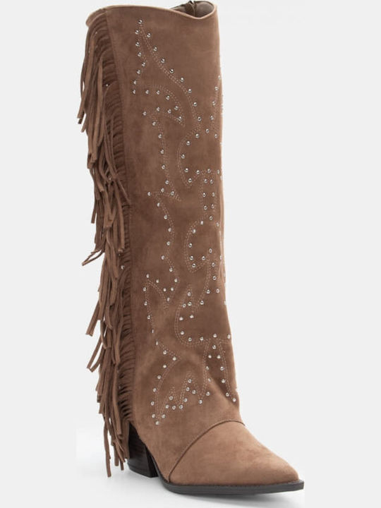 Synthetic Leather Medium Heel Cowboy Boots with Zipper Beige