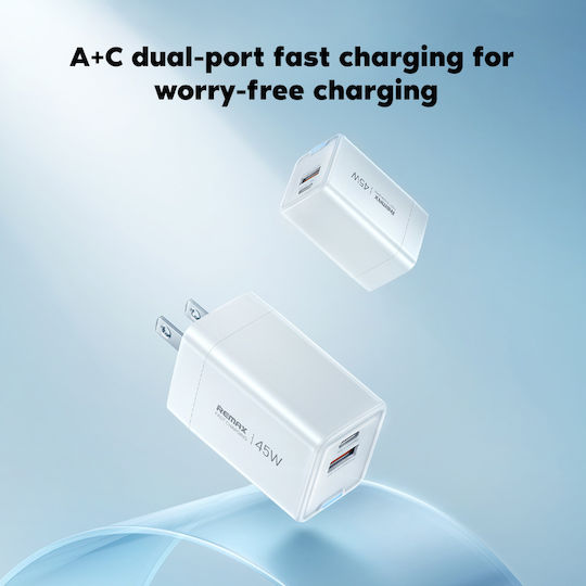 Remax Φορτιστής Χωρίς Καλώδιο GaN με Θύρα USB-A και Θύρα USB-C 45W Quick Charge 4.0 Λευκός (CA05)