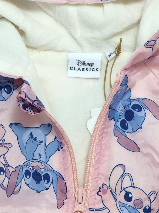 Lilo & Stitch Waterproof Kids Casual Short Windproof Jacket with Lining Hood Light Pink