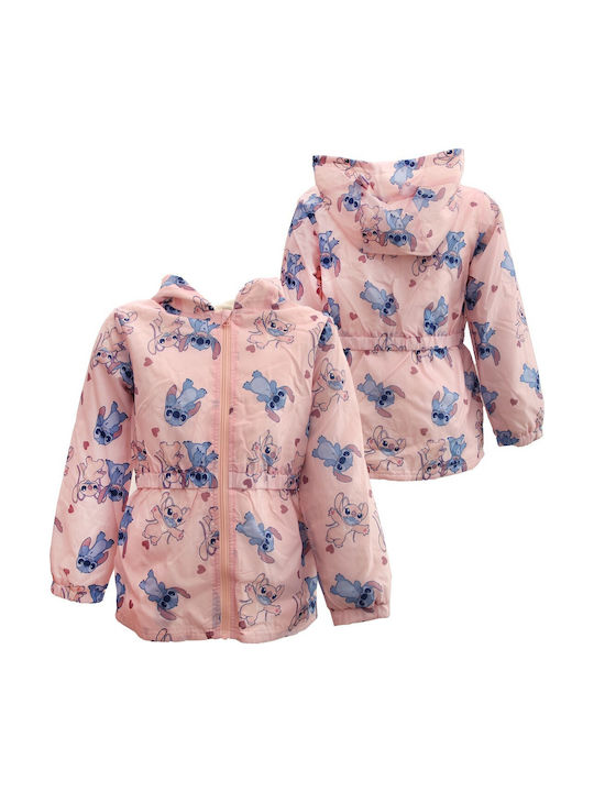Lilo & Stitch Waterproof Kids Casual Short Windproof Jacket with Lining Hood Light Pink