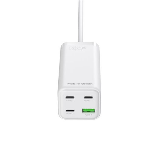 Mobile Origin Charging Stand GaN with USB-A Port and 3 USB-C Ports 100W Power Delivery in White color (MO-100CMH-PW18)