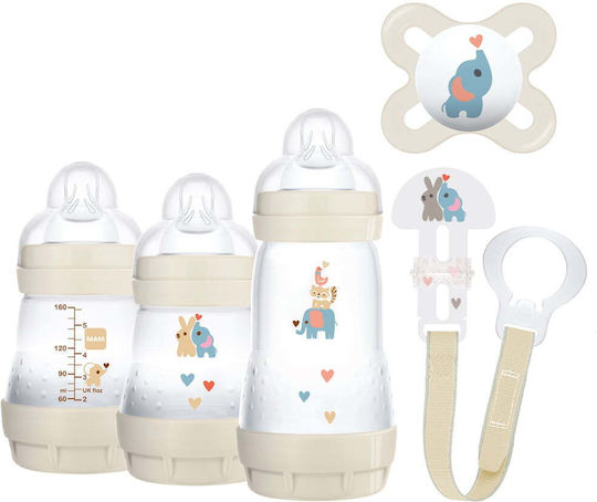 Mam Plastic Baby Bottle Set Welcome Anti-Colic with Silicone Nipple for 0+, 0+ m, months Beige Elephant - Beige 260ml 5pcs