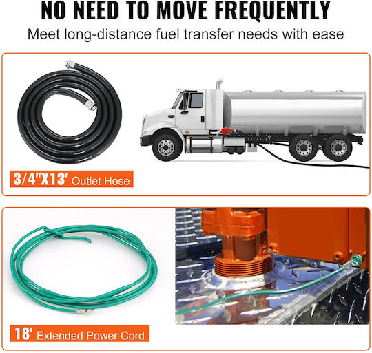 Vevor Fuel Transfer Pump 12V DC 16 GPM 1/4 HP Gasoline Extractor Pump Automatic Nozzle Discharge Hose & Suction Pipe Gasoline Diesel Kerosene Ethanol & Methanol Blends Biodiesel